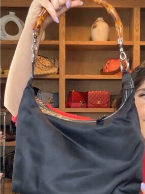 Gucci Nylon Lambskin bottom Shoulder Bag with Bamboo Top Handle❤️